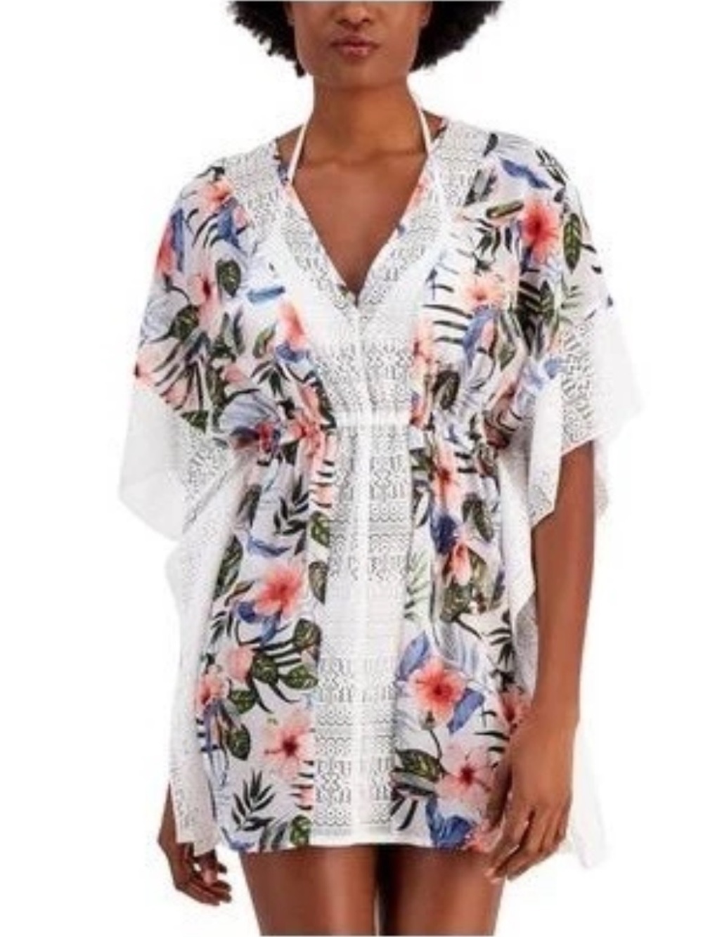Miken Swim Lace Trim White Floral V-Neck Swim Coverup Tunic Caftan Women L